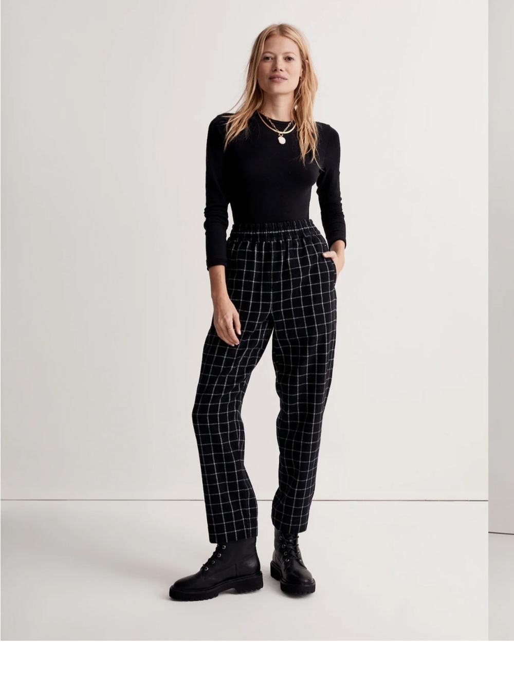 Madewell Huston Pull On Tapered Pants black and white plaid
